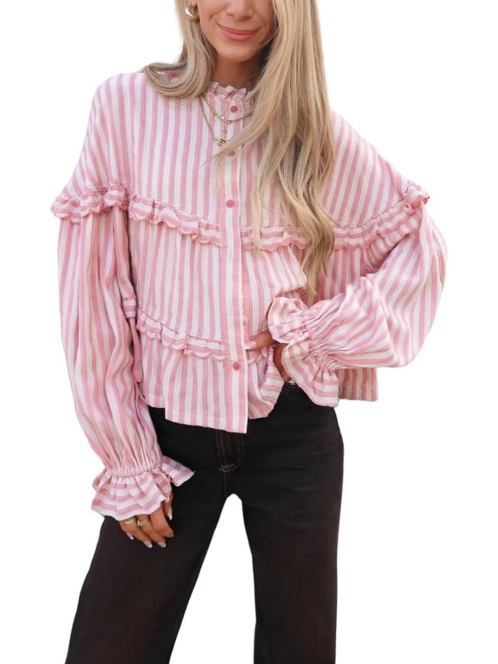 Chic Tan Striped Long Sleeve Button-Down Blouse - Stylish & Versatile Top